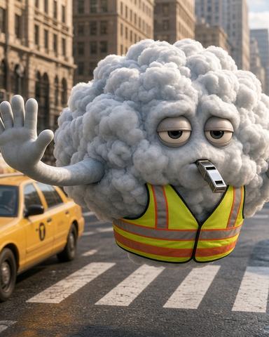 A sleepy cloud wearing a yellow safety vest and blowing a whistle while directing taxis at a city crosswalk