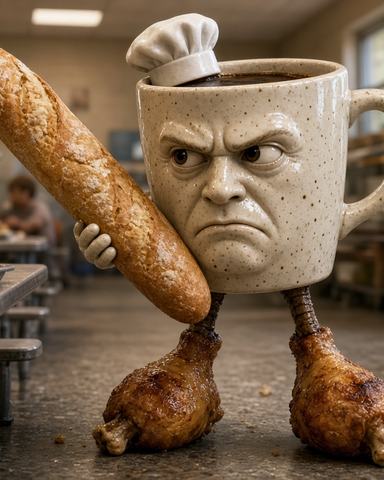 A stern coffee mug in a chef hat standing on roasted chicken legs and holding a baguette in a school cafeteria