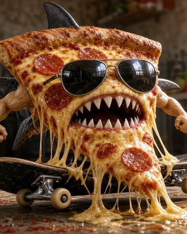 A pepperoni pizza slice with shark fins, a mouth full of shark teeth and dark sunglasses, riding a skateboard across a kitchen floor