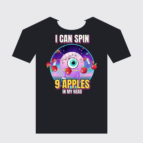 Black t-shirt mockup of the I Can Spin 9 Apples In My Head design