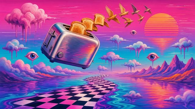 A chrome toaster floating over a pink sea launching slices of toast that turn into golden birds